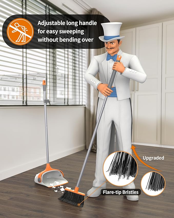 MR.SIGA Broom and Dustpan Set with Long Handle, Stand Upright Broom with Dustpan Combo for Cleaning Office, Garage, Lobby, Lightweight Sweeping Set, 51.7"(131 cm) Long Handle, White & Orange