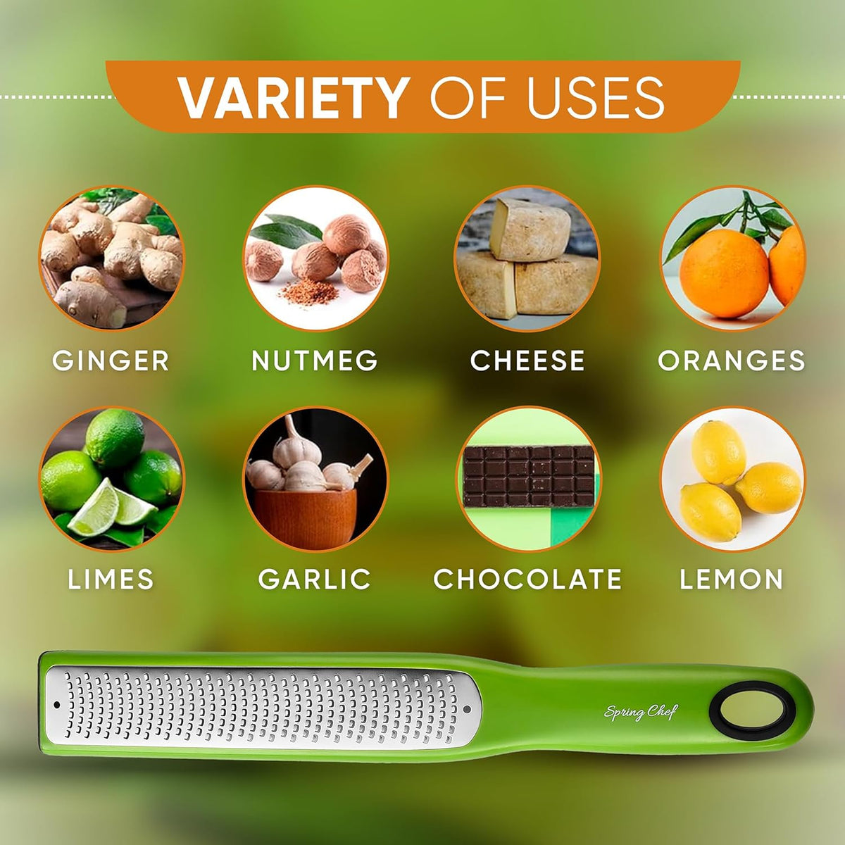 Spring Chef Premium Lemon Zester Grater with Handle - Orange, Garlic, Ginger, Nutmeg, Cheese Grater- Handheld Sharp Kitchen Tool - Stainless Steel Citrus Zester with Blade Cover - Fine Shred, Green