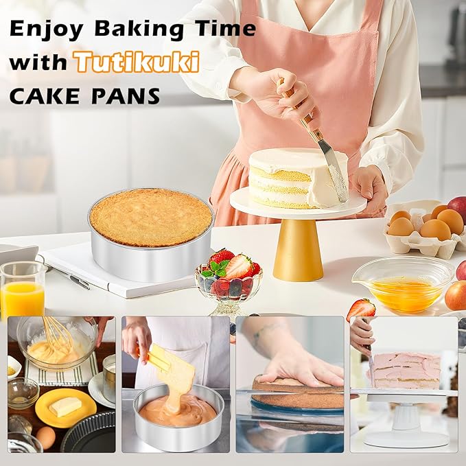 8 Inch Cake Pan - 3PCS Stainless Steel Round Layer Cake Baking Pans with 100 PCS Parchment Paper, Round Bakeware for Party Birthday Wedding, Mirror Finish & Dishwasher Safe