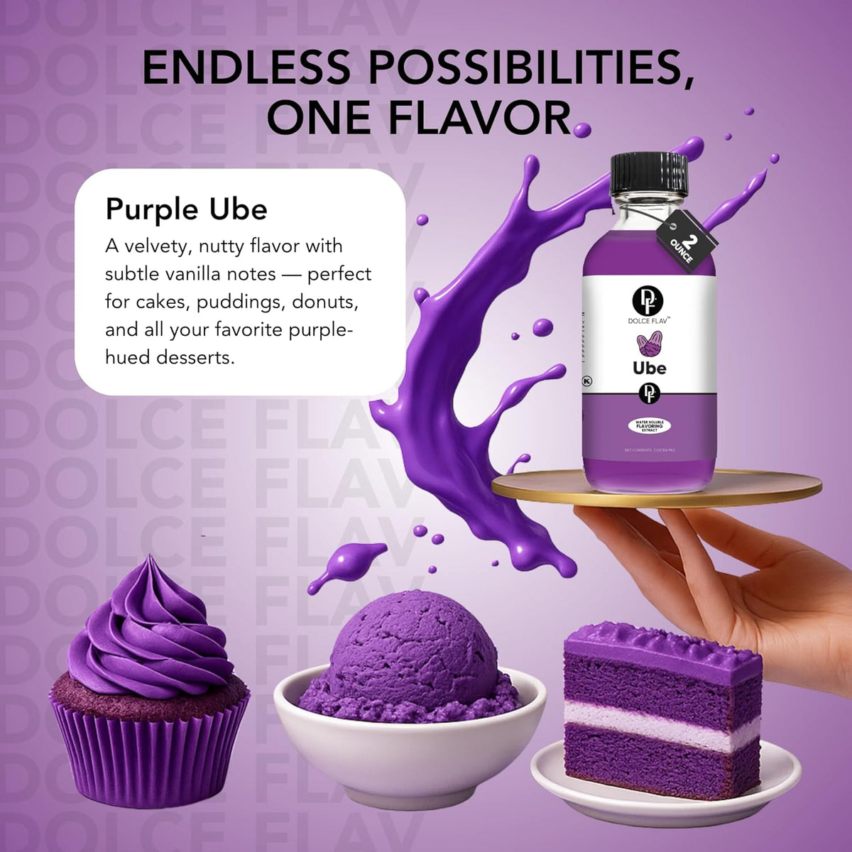 Dolce Flav Purple Ube Extract – 2 Ounce Water-Soluble Kosher, Sugar-Free, Concentrated Sweet Ube Flavoring for Baking, Ice Cream & Pastries, Includes Measured Dropper