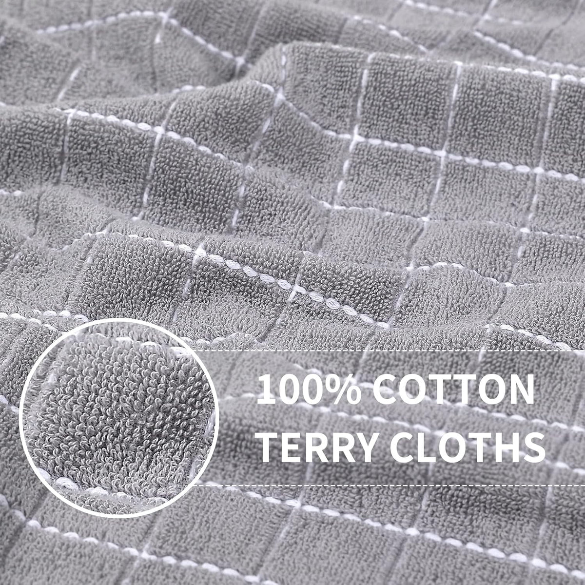 Homaxy 100% Cotton Terry Kitchen Towels(Light Grey, 13 x 28 inches), Checkered Designed, Soft and Super Absorbent Dish Towels, 8 Pack