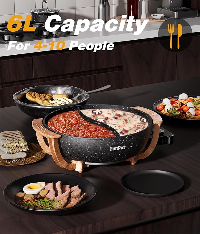 Multi-Temp Electric Hot Pot with Dual Dividers, 1100W Fast Heat & Auto Safety Shut-Off, 6L Family-Size Non-Stick Pot for 4-12 People (Wraparound Wood-grain Handles)