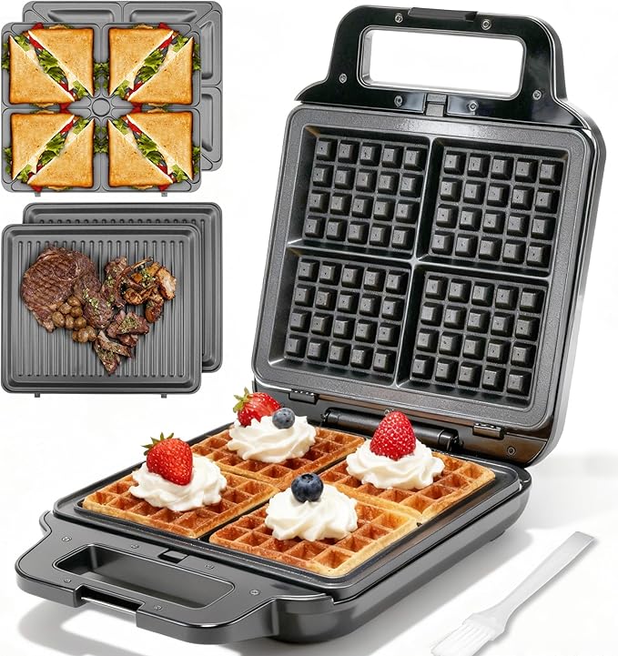 FineMade Belgian Waffle Maker with Removable Plates, Waflera Electrica, Large Waffle Iron, 3 in 1 Panini Grill Press Breakfast Sandwich Maker, Electric Griddle, Grilled Cheese Maker, Breakfast Station