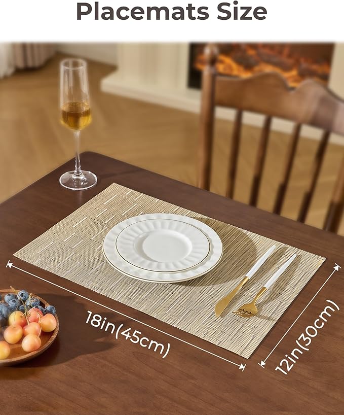 Leetaltree Light Brown Placemats Set of 8 - Heat Resistant Non-Slip Place mats for Dining Table, Washable Durable PVC Vinyl Woven Table Mats（Light Brown, 8）