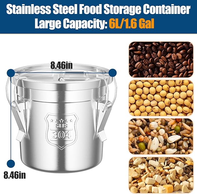 304 Stainless Steel Airtight Canister, 1.6Gal /203oz/6L Airtight Food Storage Container with Lid Lock Clips, Flour Container Metal Bucket Food Storage Container for Rice, Flour, Grain, Coffee Bean