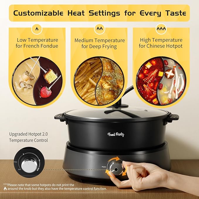 Food Party Hot Pot Electric Hotpot Separable Shabu Shabu Pot with Divider Hotpot Cooker Electric Dual Sided 110V 1350W Non-Stick 4L Fondue Pot for 2-6 People