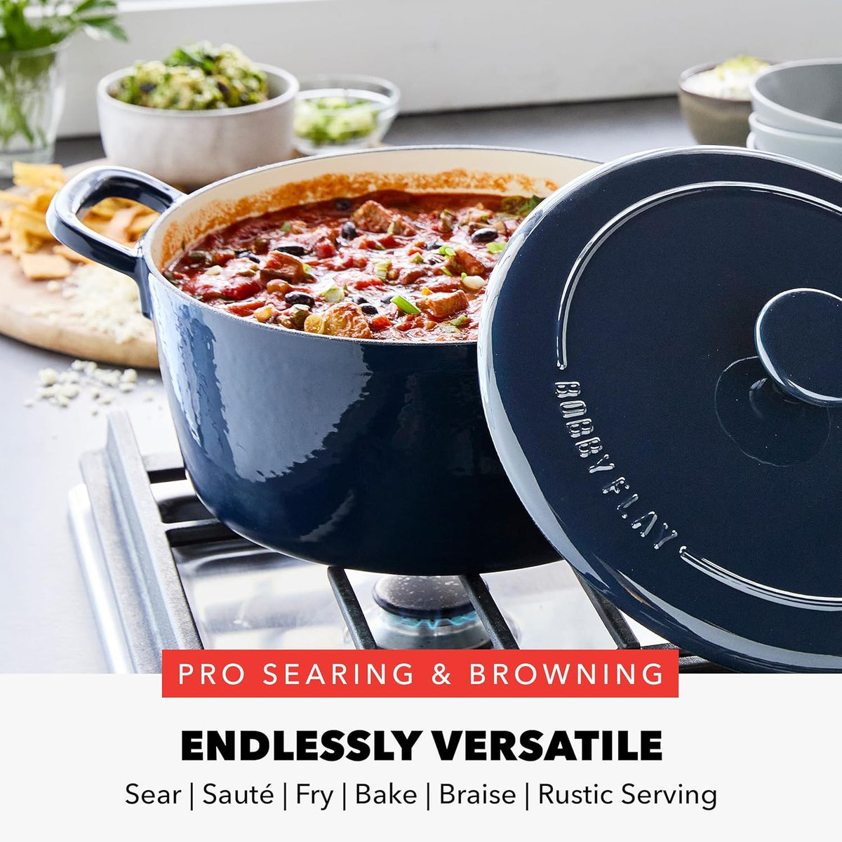 GreenPan x Bobby Flay 5.5QT Enameled Cast Iron Round Dutch Oven with Lid, Dual Handles, Oven Safe to 500F & Induction Suitable, Self Basting Lid, Ultra-Durable, Sear, Braising, Bread, Stews, Cobalt