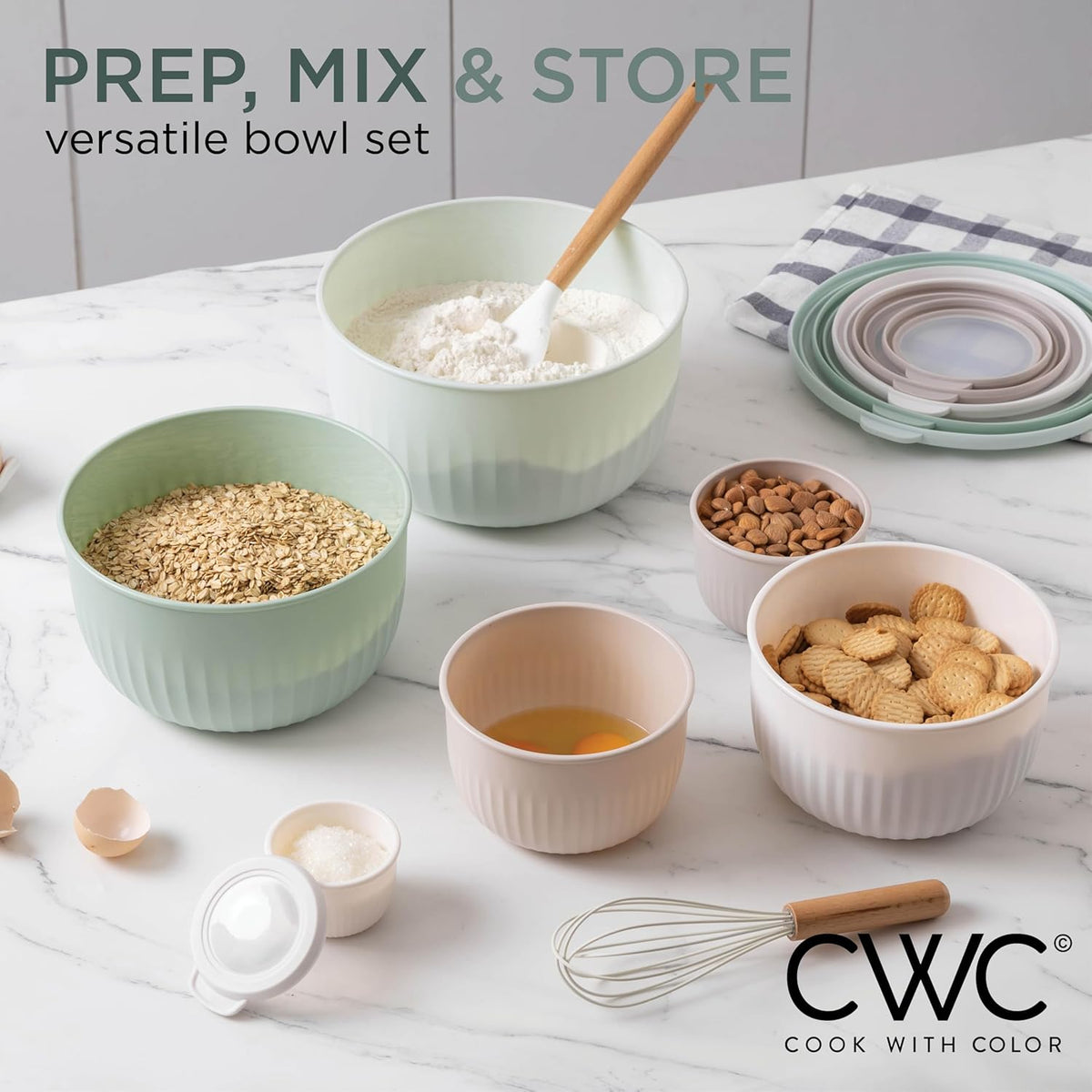COOK WITH COLOR Prep Bowls with Lids- Wide and Deep Nesting Plastic Small Mixing Bowl Set with Lids, 12 Piece Set - Deep Bowls, Mint