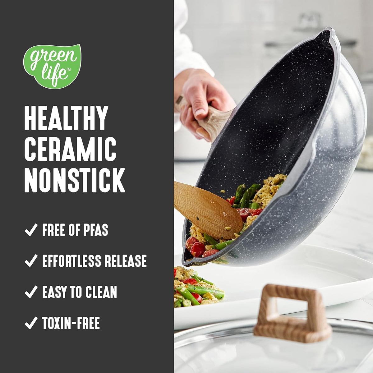 GreenLife Nonstick 12” (5QT) All in One Deep Skillet Wok with Lid, PFAS-Free Non-Toxic Ceramic Multi-Purpose Pan, Induction, All Stovetop, Egg, Stir Fry, Saute, Stay Cool Handle, Granite Black