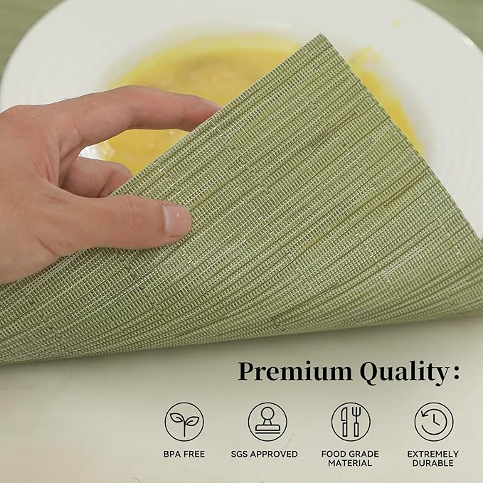 Leetaltree Pea Green Placemats Set of 12 - Heat Resistant Non-Slip Place mats for Dining Table, Washable Durable PVC Vinyl Woven Table Mats（Pea Green, 12）