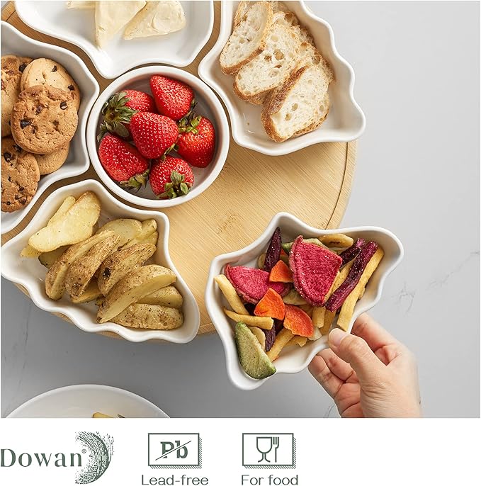 DOWAN 360° Rotatable Serving Tray and Platters, 12 Inch Divided Serving Bowls for Party, Kitchen Decor, Removable Serving Dishes for Chips and Dip, Fruit, Veggies, Candy and Snacks, 7 Pieces, White