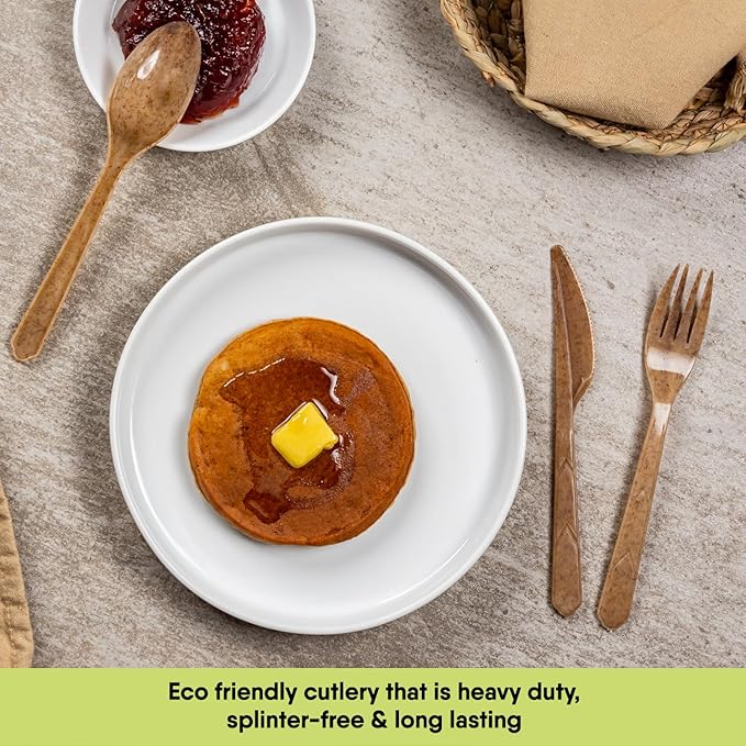 100% Biodegradable Cutlery Made of Vegetable Fibers, 300 PCS of 6.7” Long Heavy-Duty and Splinter Free Eco-Friendly Spoons, Forks & Knives, Perfect Sustainable Cutlery by The Veggie Straws