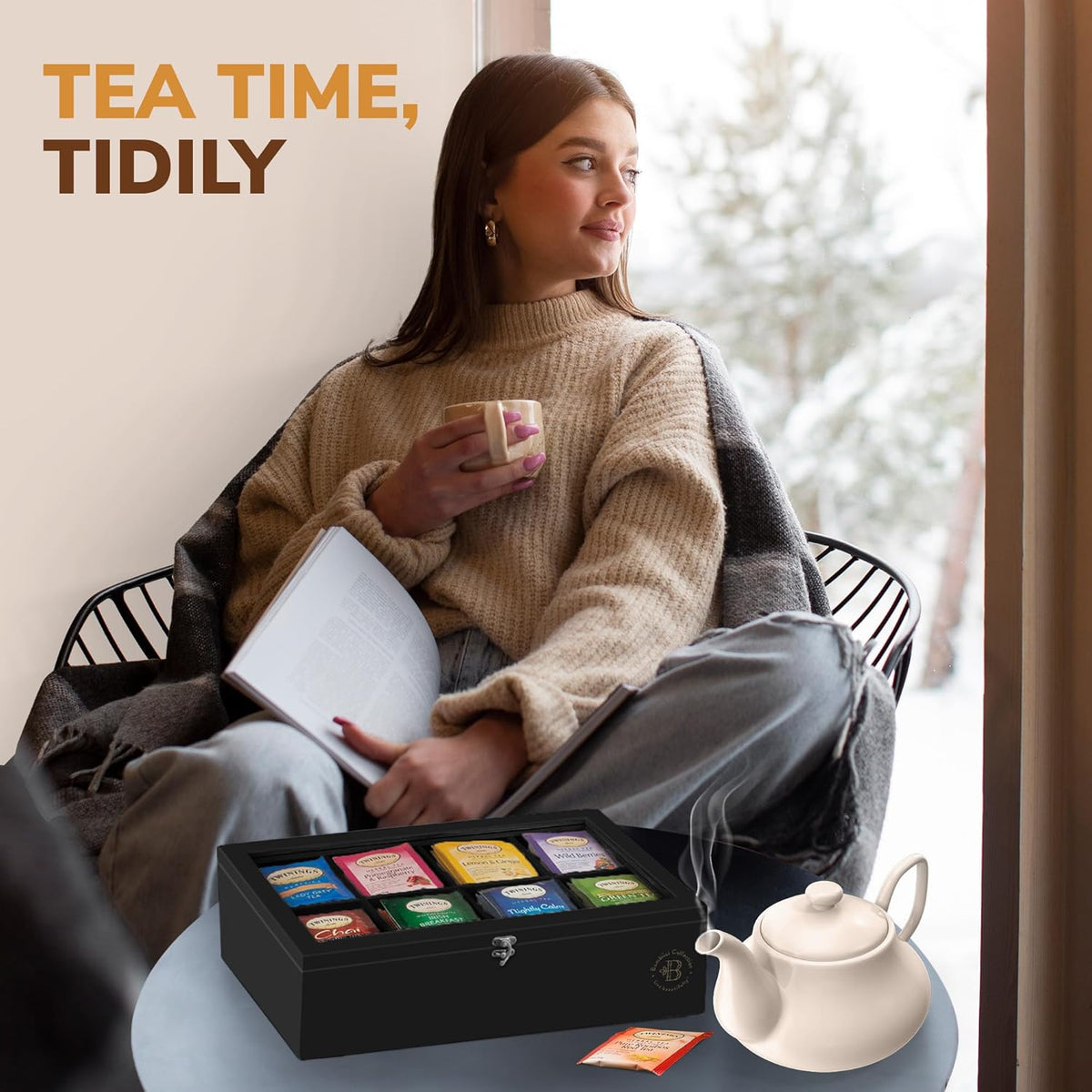 Bambüsi Tea Bag Organizer - Bamboo Tea Box Organizer Storage Box, Tea Bag Holder with Acrylic Window, Magnetic Lid Keeps Tea Bags Fresh - Ideal Gifts Tea Organizer Caddy (Tea Not Included) - Black