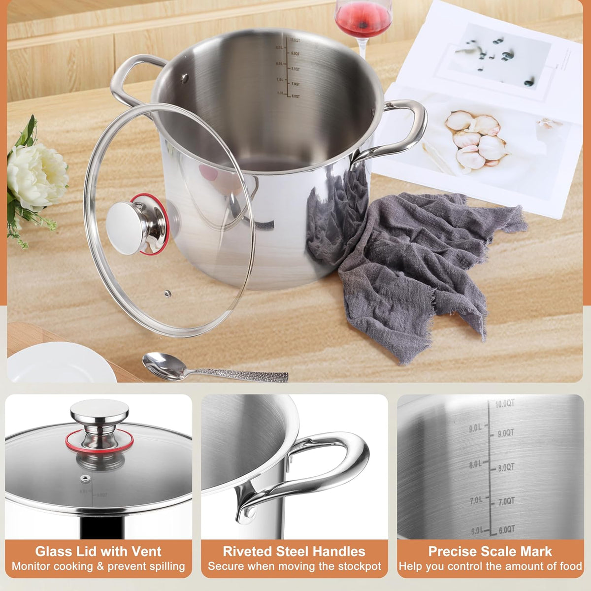 Herogo 10 Quart Stock Pot, 18/10 Stainless Steel Large Cooking Pot with Lid, 10 QT Metal Pasta Stockpot for Chicken Soup, Tri-ply Big Stockpot for Induction Gas Electric Stove, Dishwasher Safe