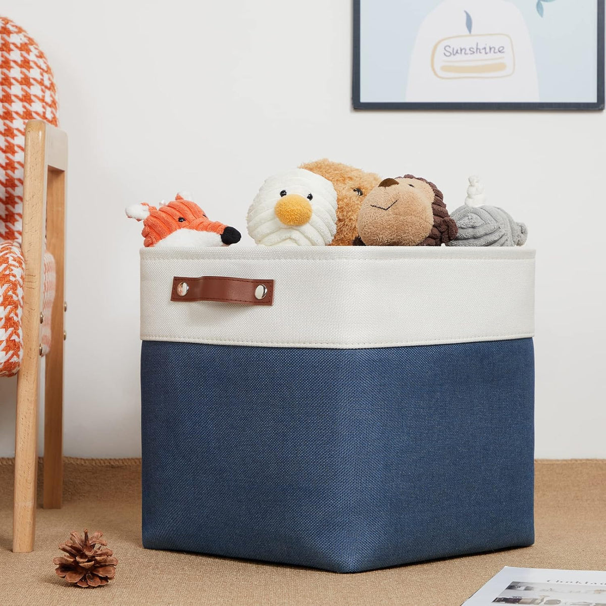 DULLEMELO Foldable Storage Cubes 12 x 12 Organizer Bins,Canvas Storage Bins Empty Gift Baskets for Organizing with SturdyLeather Handles, Closet Baskets for Nursery Storage(4 Pack - 12" White&Blue)
