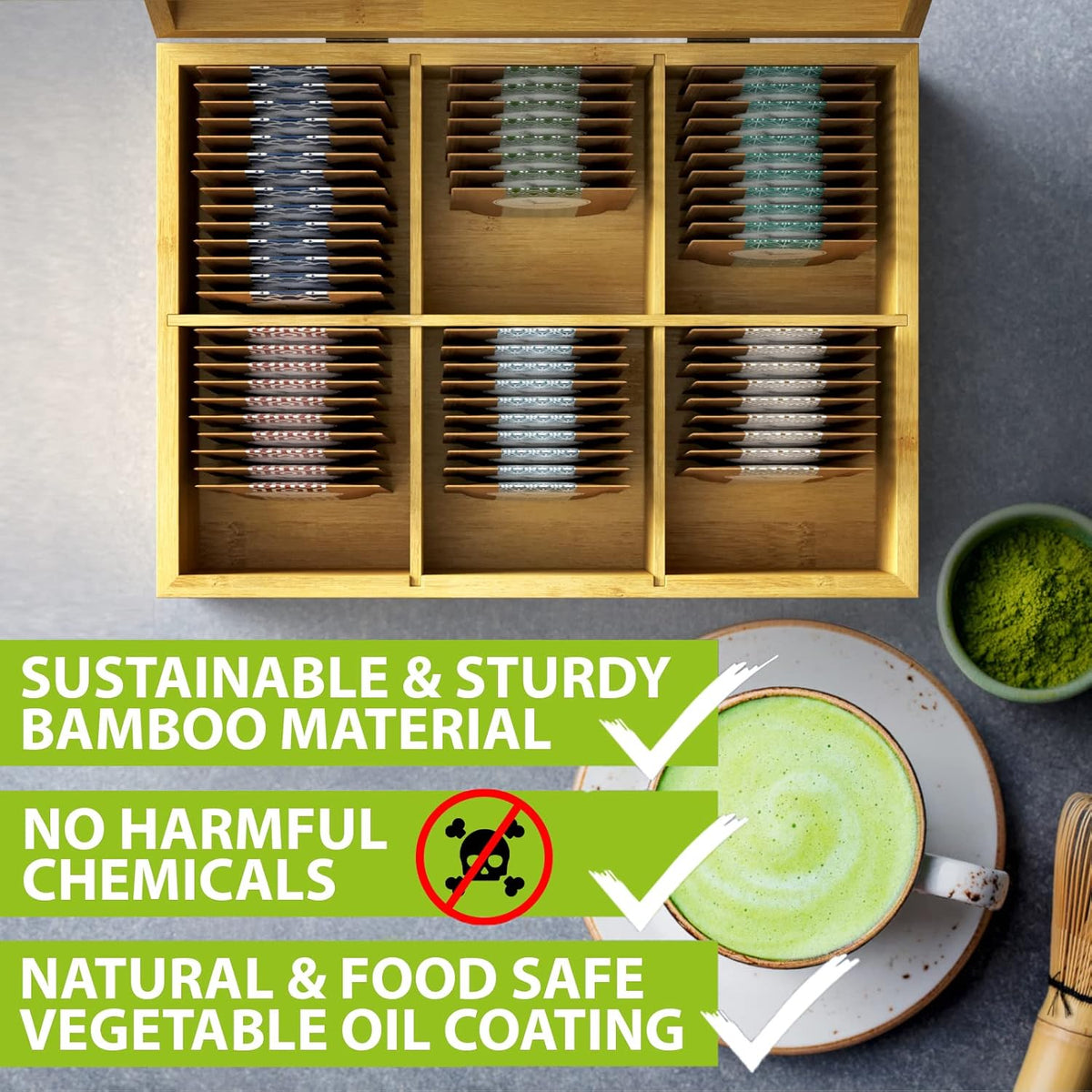 Bamboo Tea Organizer Box Chemical Free Eco-Friendly Big, Tall, Adjustable Cubbies Natural Wooden Storage Chest (6-Slot 11" x 8.1" x 4.2" with Tea Leaf design)