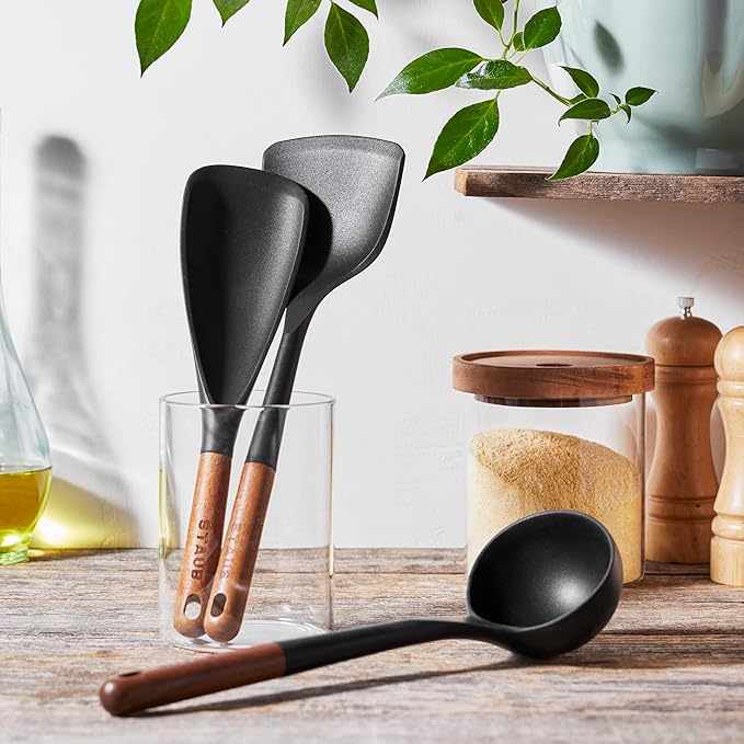 Staub Silicone with Wood Handle Cooking Utensil Set, Matte Black, 3-pc