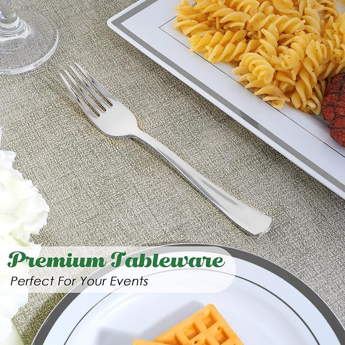 FOCUSLINE 300 Pack Disposable Silver Plastic Forks, Solid and Durable Plastic Cutlery Forks, Heavy Duty Disposable Utensil Silverware for Catering, Parties, Dinners, Weddings