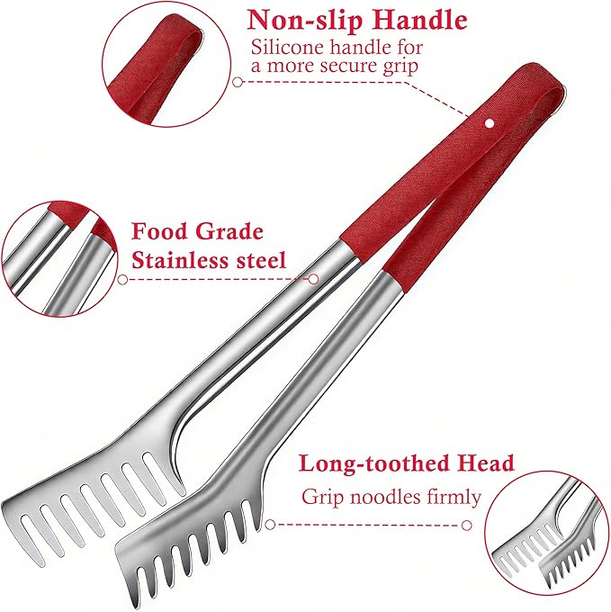 Spaghetti Spoon and Spaghetti Tong - 12 Inch Heat-Proof Handle Spaghetti Fork and Kitchen Tong, Non-stick, Easy Storage and Dishwasher Safe Utensils for Cooking, Ergonomic Design