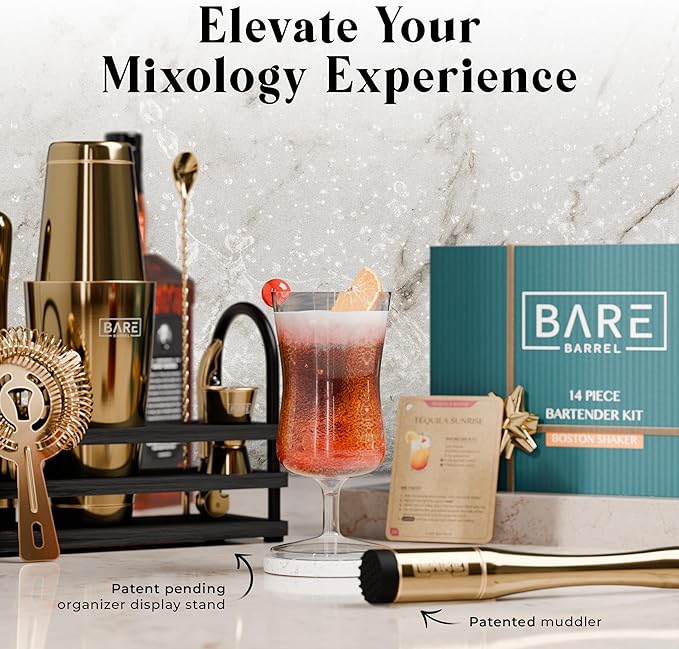 BARE BARREL® Mixology Bartender Kit Bar Set | 14-Piece Cocktail Shaker Set | Martini Barware Mixing Tools for Home Bartending | 35 Recipe Cards | Gift Set (28oz Boston Shaker, Gold/Black)