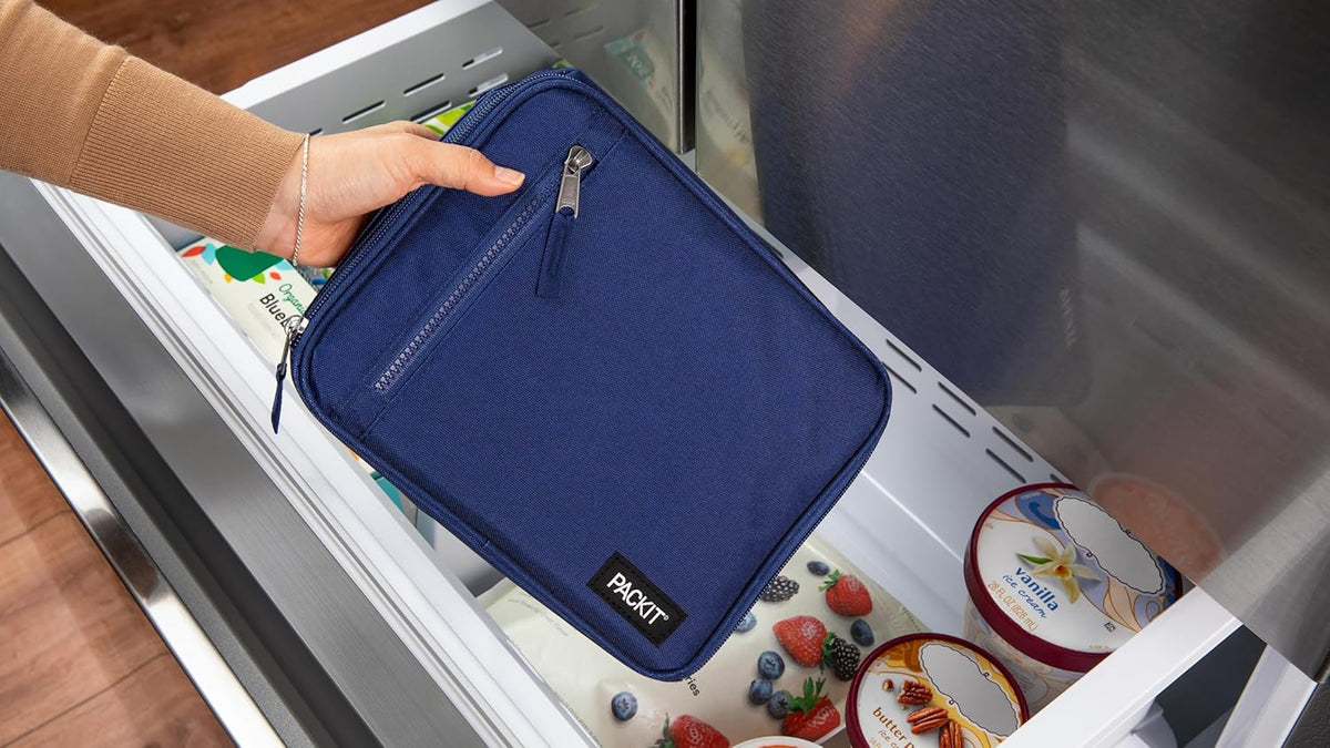 PackIt Freezable Classic Lunch Box, True Blue, Built with ECOFREEZE Technology, Collapsible, Reusable, Zip Closure With Front Pocket and Buckle Handle, For Work Lunches and Fresh Lunch On the Go