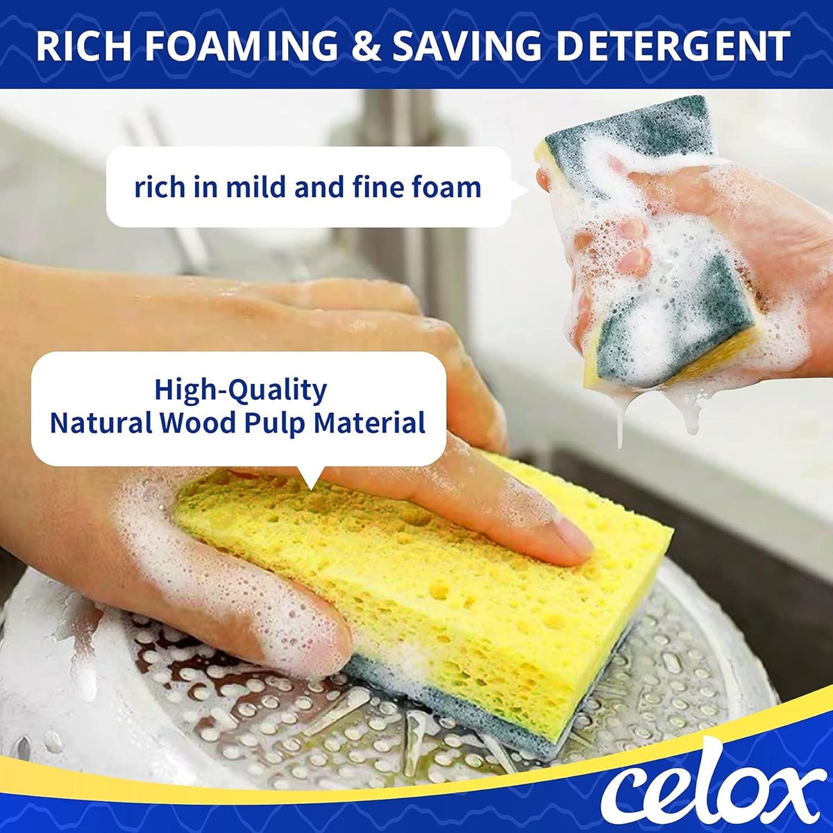 CELOX 12 Pack Dish Sponge for Kitchen, Dual Sided Scrub Heavy Duty, Non Scratch Sponges Perfect for Dishwashing and Household Cleaning, Highly Absorbent and Easy to Dry for Reuse