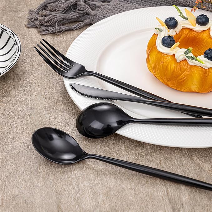 Rubtlamp 90Pcs Plastic Black Silverware, Black Disposable Cutlery, Plastic Utensils Heay Duty include 30 Plastic Knives 60 Plastic Black Forks and Spoons, Black Cutlery For Halloween Decorations