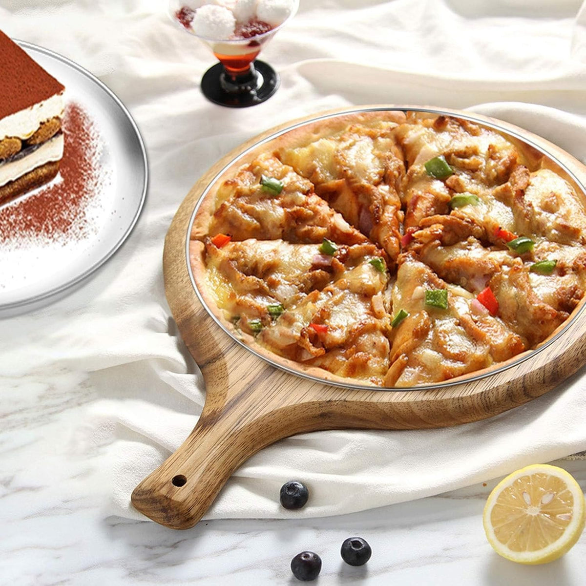 12 inch Stainless Steel Round Pizza Pan Tray Set, 2 Pieces, Healthy & Heavy Duty, Rust Free & Dishwasher Safe