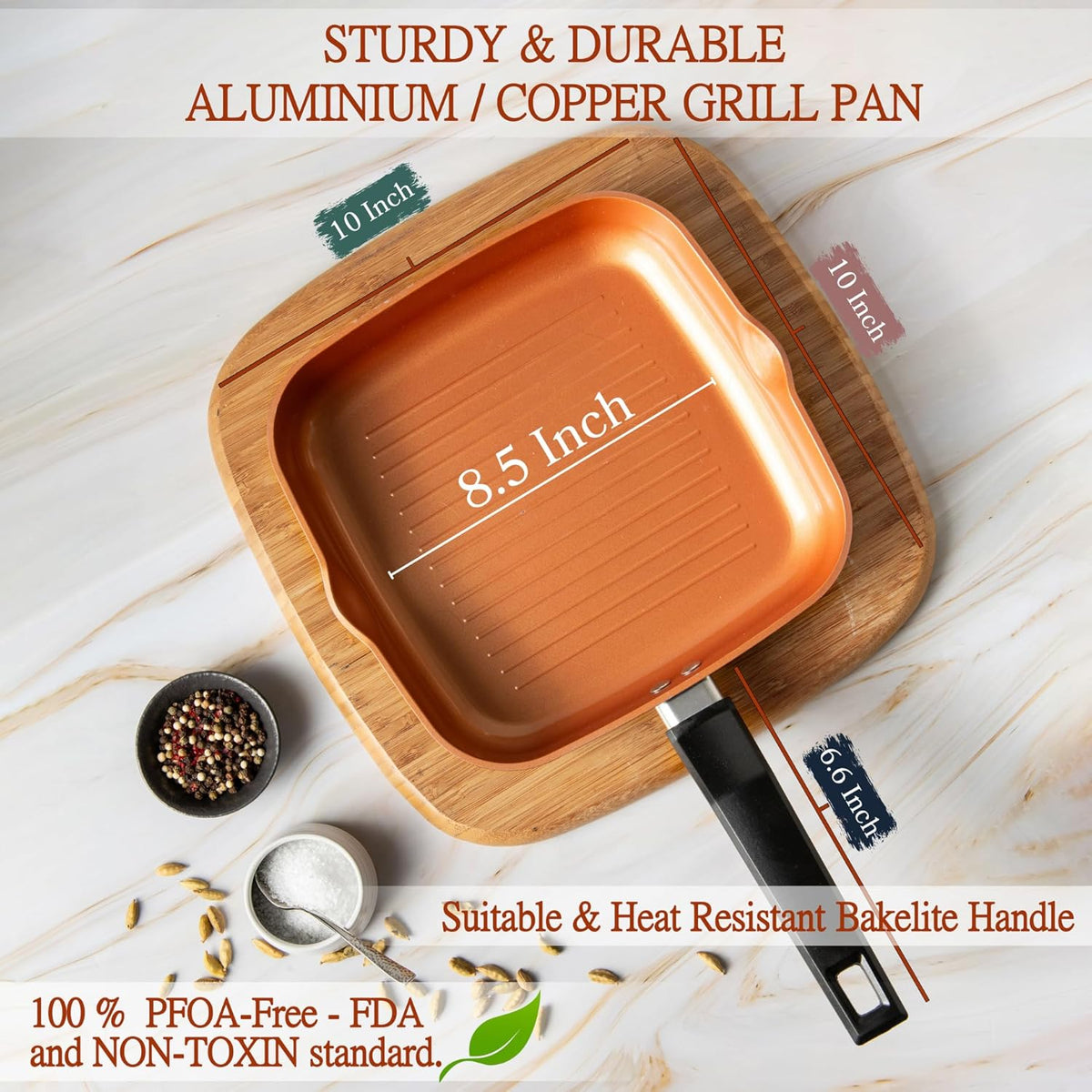 Moss & Stone Square Grill Pan For Indoor Cooking, 9.5In Frying Pan Copper Non-Stick Saute Fry Pan, Induction Copper Pan for Meats & Vegetables, Aluminum Griddle Nonstick Stove Top Grill Pan