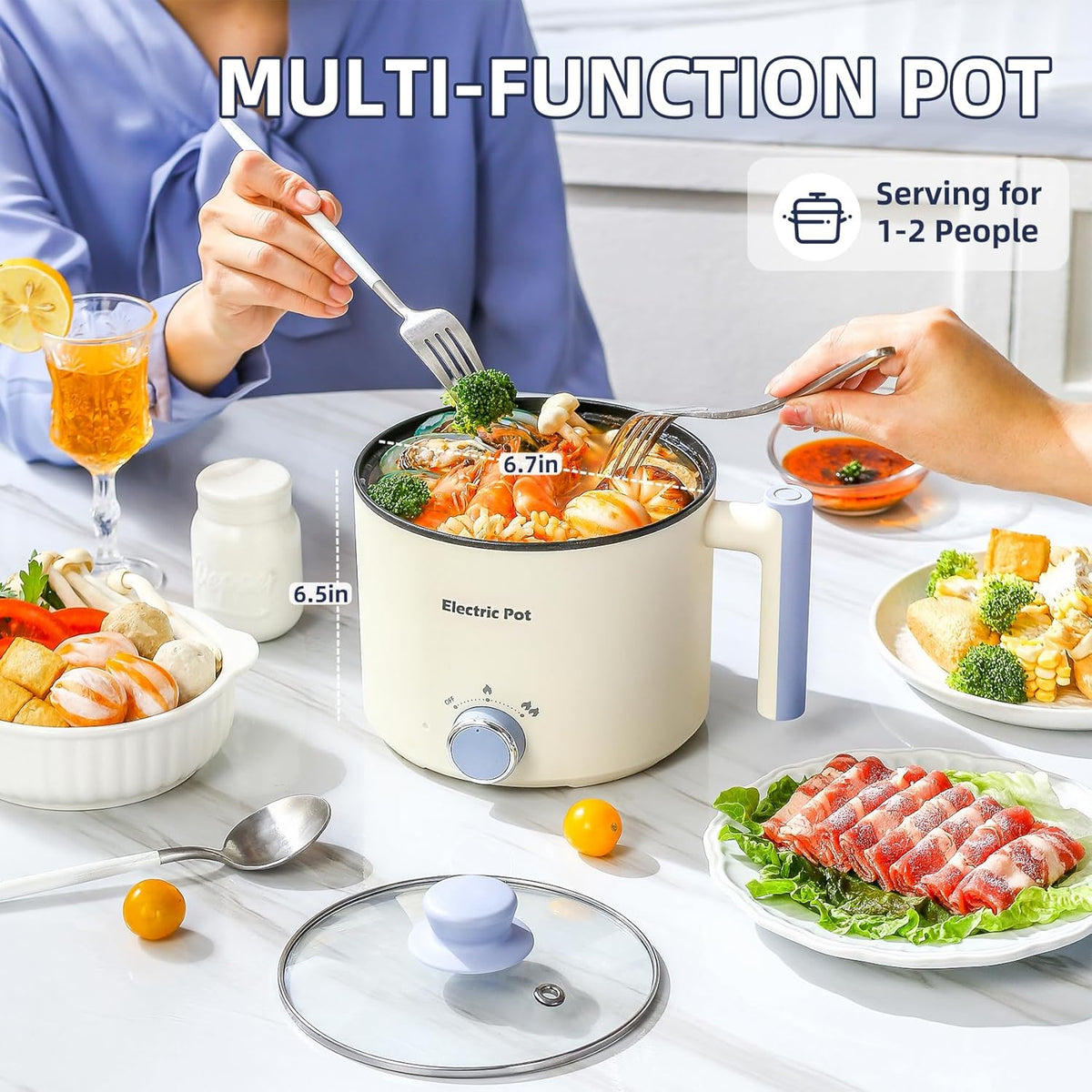 Electric Hot Pot:1.5 L Ramen Cooker, Dual Power Mini Portable Multi-Functional Lazy Pot for Pasta, Noodles, Egg, Soup, Non-Stick Noodle Cooker with Boil Dry Protection for Dorm, Office (Beige)