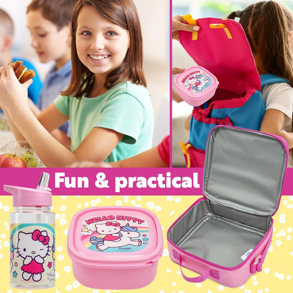 Get Trend Hello Kitty Kids Lunch Bag Set 3 Pc with Leak Proof Water Bottle and Small Lunch Box Insulated for School Daycare or Travel (Hello Kitty)