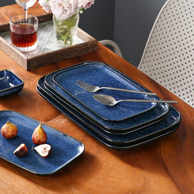 vancasso Stern Serving Platters Set of 3, 15/13/ 11 Inches Rectangular Serving Plates, Blue Serving Trays for Entertaining, Party