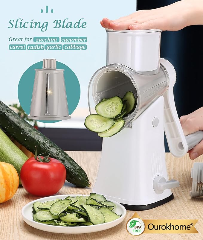 Ourokhome Rotary Cheese Grater Shredder, Multifunction 5 in 1 Kitchen Manual Speed Round Mandolin Food Slicer Vegetable Shooter Potato Hashbrown Grinder for Nut, Carrot, Radish, Cucumber, White