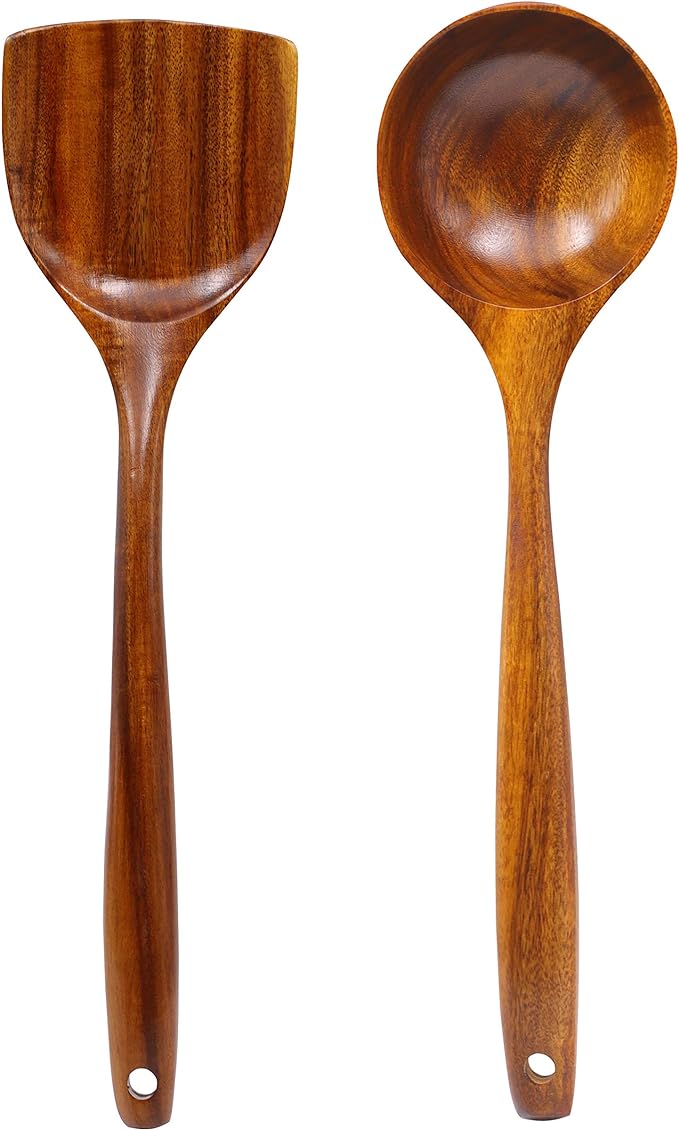 FJNATINH Wooden Wok Spatula Ladle Tool Set, 14-inch Long Handle Teak Wok Spatula