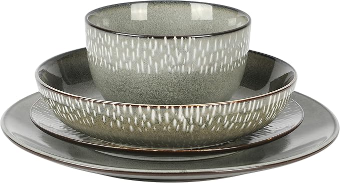 Gibson Elite Matisse 16-Piece Double Bowl Dinnerware Set, Service for 4 – Green Stoneware Plates and Bowls
