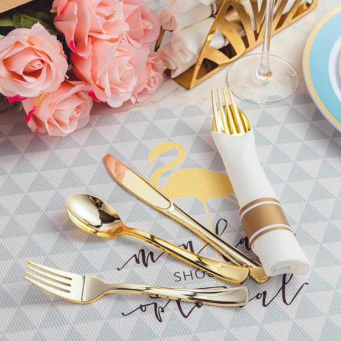 N9R 50 Pack Pre Rolled Gold Plastic Cutlery Set, Wrapped Plastic Silverware Set with 50 Forks, 50 Knives, 50 Spoons and 50 Napkins, Disposable Cutlery Set for Party and Wedding