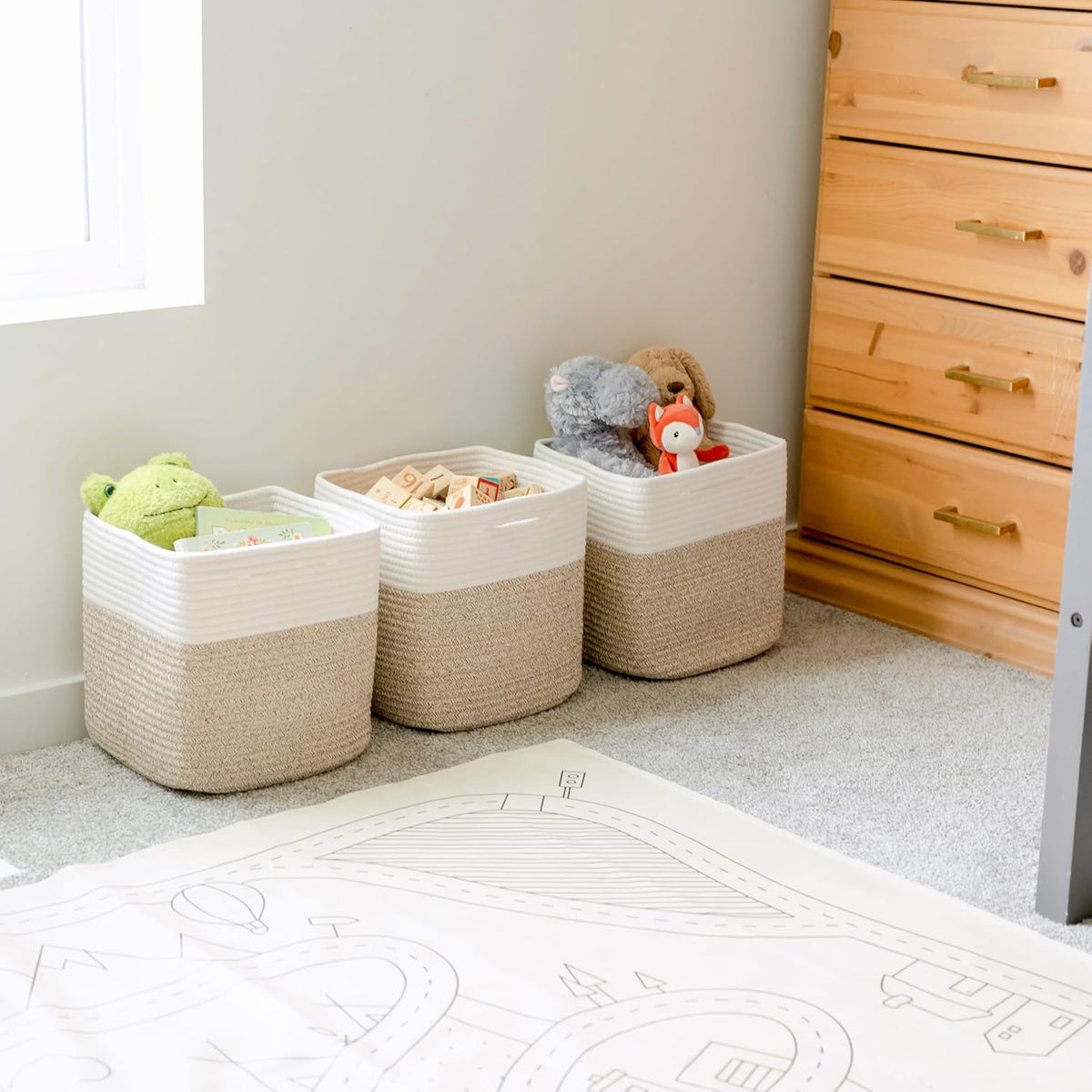 NaturalCozy 13 Inch Cube Storage Bins Cotton Rope Woven Baskets for Organizing 3-Pack | 13 x 13 Storage Cubes | Fabric Square Storage Baskets for Shelves Organizer, Kids Toy Bins, Closet Baby Nursery