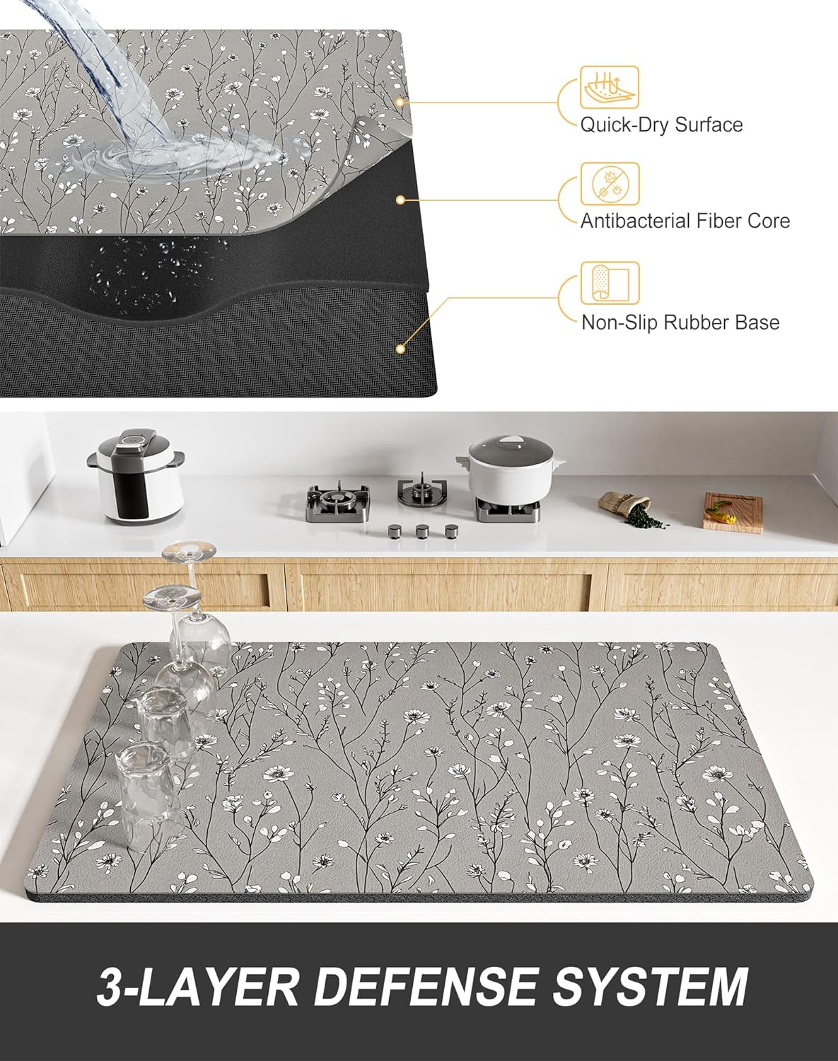 Rnivvi Dish Drying Mat for Kitchen Counter, XL 15 x 24" Cute Flower Theme Absorbent Draining Pad, Non-Slip Heat Resistant Coffee Bar Mats for Coffee Machine Station Accessories, Grey Dish Rack Pad