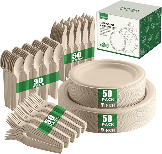 250 Piece Biodegradable Paper Plates Set Disposable Dinnerware Set, Eco Friendly Compostable (EXTRA LONG UTENSILS), Utensil include, Forks, Knives and Spoons for Party andBirthday party, camping