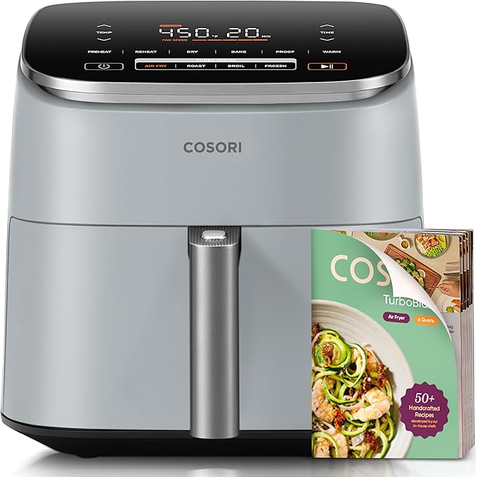 Cosori 9-in-1 TurboBlaze Air Fryer 6 Qt, Premium Ceramic Coating, 90°–450°F, Precise Heating for Even Results, Air Fry, Roast, Bake, Broil, Dry, Frozen, Proof, Reheat, Keep Warm, 120V, Light Gray