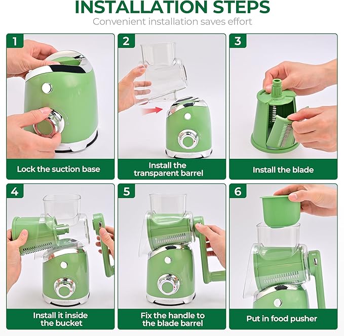 SUSTEAS Rotary Cheese Grater with Handle,Vegetable Slicer with 6 Interchangeable Blades, Reinforced Suction,Easy to Clean,Kitchen Chopper for Crushed Ice,Fruits and Nuts with Blade Storage Case,Green