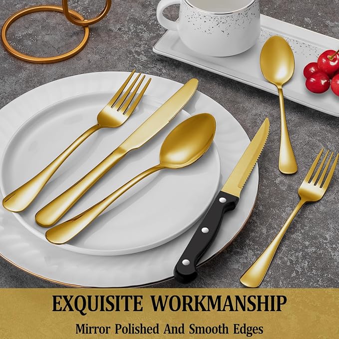 72 Pcs Gold Silverware Set with Steak Knives, Stainless Steel Flatware Cutlery Set Service for 12, Kitchen Tableware Set, Utensil Set for Home and Restaurant, Knives Forks Spoon Set, Dishwasher Safe