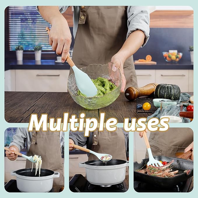 QMVESS Silicone Kitchen Utensils Set, 35 Pcs Non-Stick Cooking Utensils Set, Sturdy Insulation Wooden Handle Kitchen Accessories for Cooking with Spatula Set and Spoons Set Gadgets (Light Green)