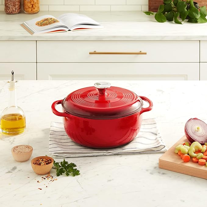 Lodge 4.5 Quart Enameled Cast Iron Dutch Oven with Lid – Dual Handles – Oven Safe up to 500° F or on Stovetop - Use to Marinate, Cook, Bake, Refrigerate and Serve – Island Spice Red