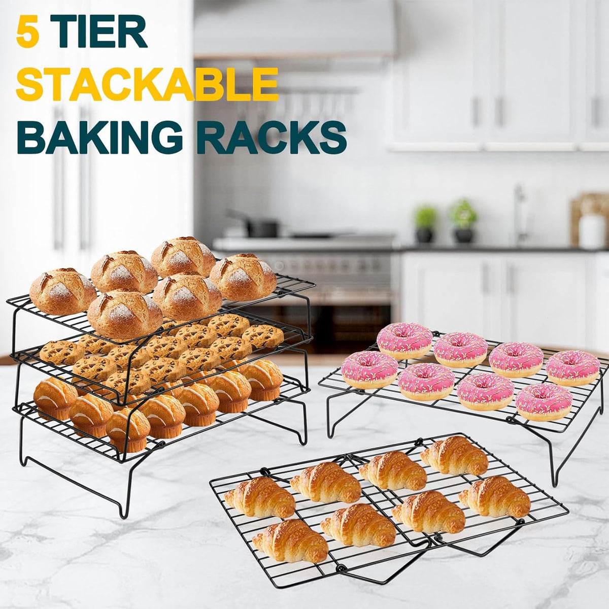 P&P CHEF Cooling Rack, 5-Tier Stainless Steel Stackable Baking Cooking Racks for Cooling Roasting Grilling, Collapsible & Heavy Duty, Oven Safe & Easy Clean, 15" x 10", Black