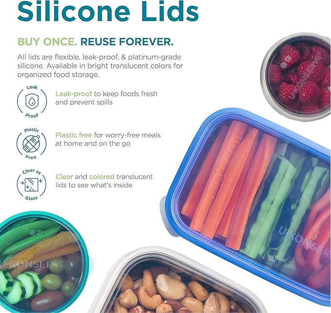U Konserve Stainless Steel Food Storage Bento Box Container, Leak Proof Silicone Lid Dishwasher Safe - Plastic Free (15oz Clear)