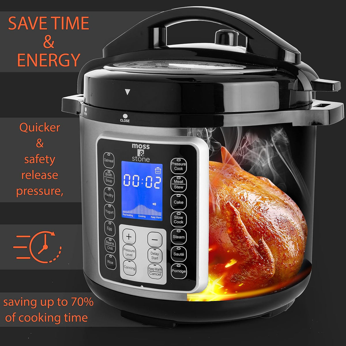 Moss & Stone Electric Pressure Cooker with Large LCD Display, Multi-Use 6 Quart Pot, 14-in-1 Cooker & Maker: Slow, Rice, Steam, Saute, Yogurt, Egg, Warmer
