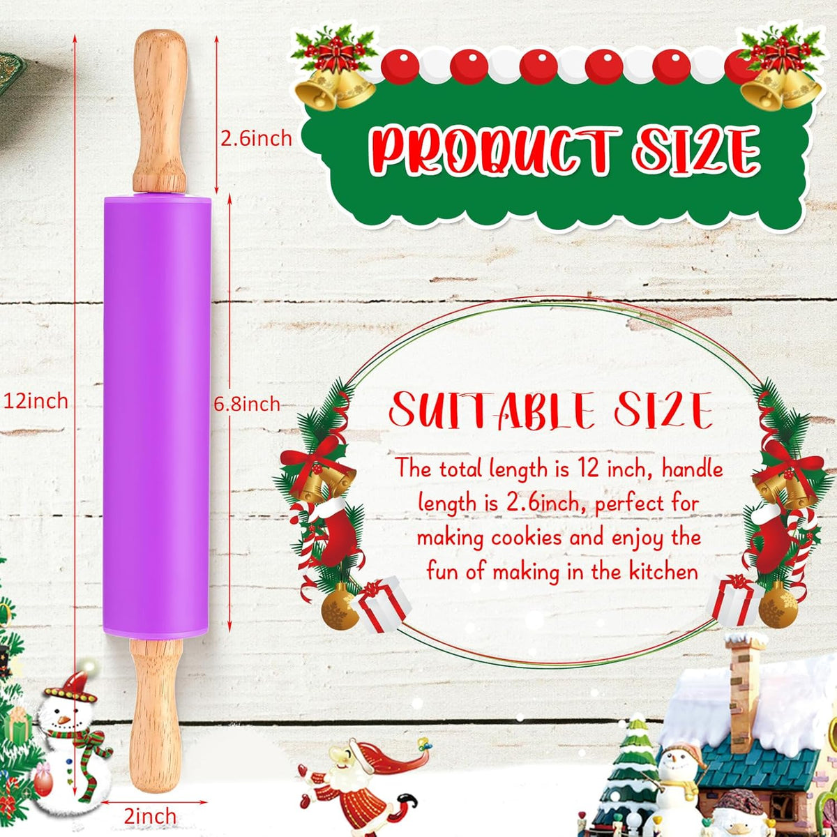 Dandat Small Rolling Pin Kids 12 Inch Mini Silicone Rolling Pin for Baking Non Stick Kids Dough Roller with Wooden Handle for Kitchen Cookie Pastry Fondant Cake 6 Colors(6 Pcs)
