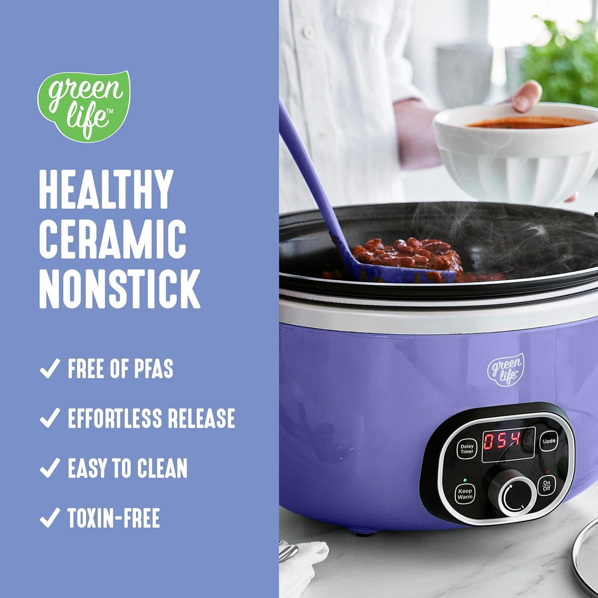 GreenLife 6 Quart Ceramic Slow Cooker, PFAS-Free, Programmable, Removable Healthy Nonstick Pot for Family Meals, Sear on Stovetop, Keep Warm, Digital Timer, Dishwasher Safe Glass Lid, Periwinkle