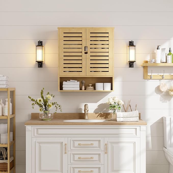 SMIBUY Bathroom Cabinet Wall Mounted, Bamboo Over-The-Toilet Storage Organizer, Space Saver Medicine Cabinet with 2 Door and Adjustable Shelves (Natural)